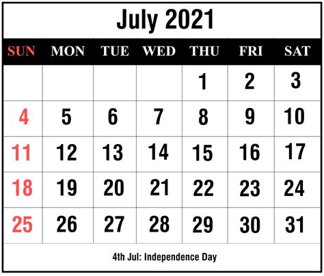 July 2021 Calendar Printable Pdf